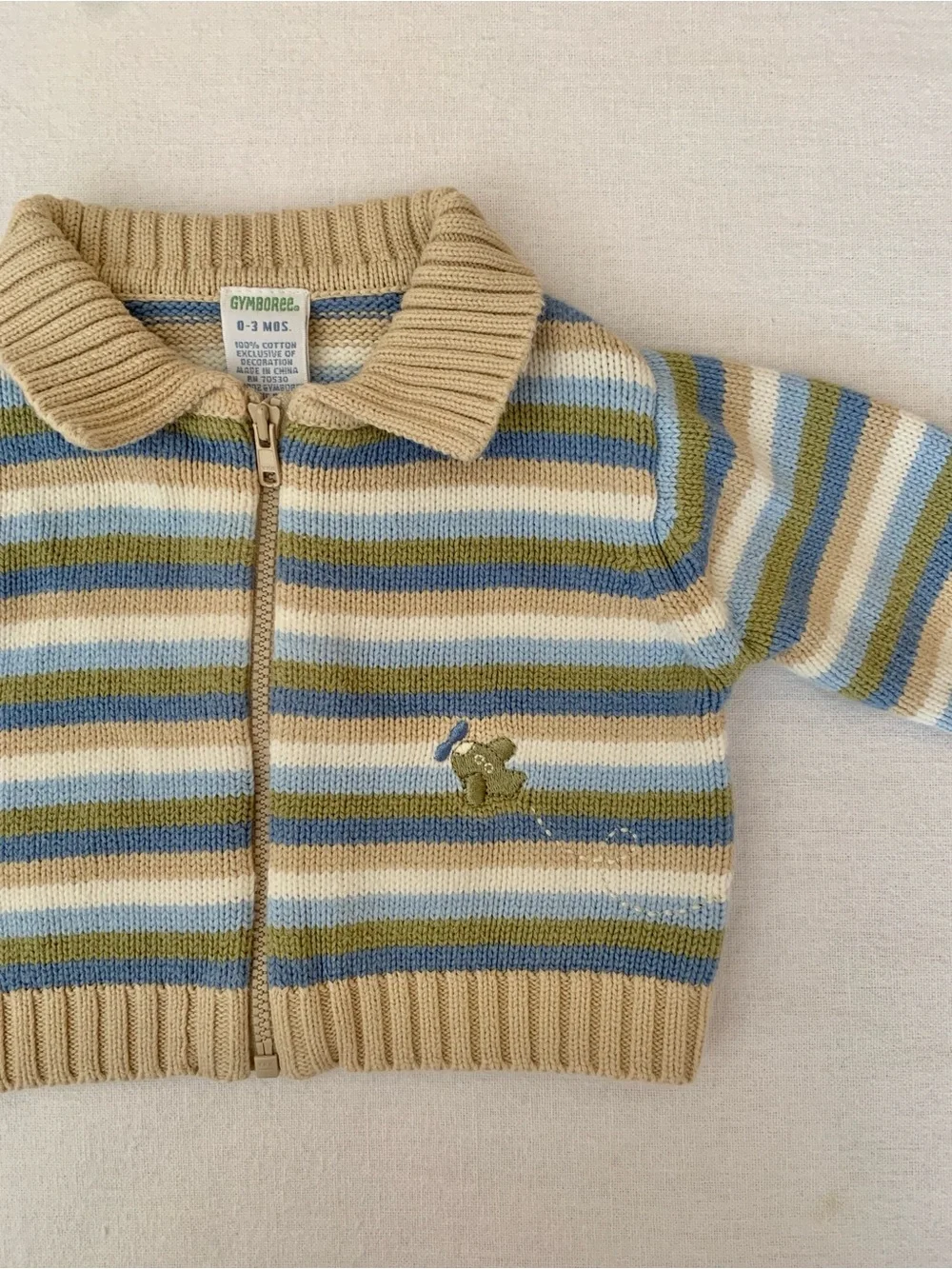 2002 Gymboree 100% Cotton Blue & Green Embroidered Airplane Knit Sweater 0-3M